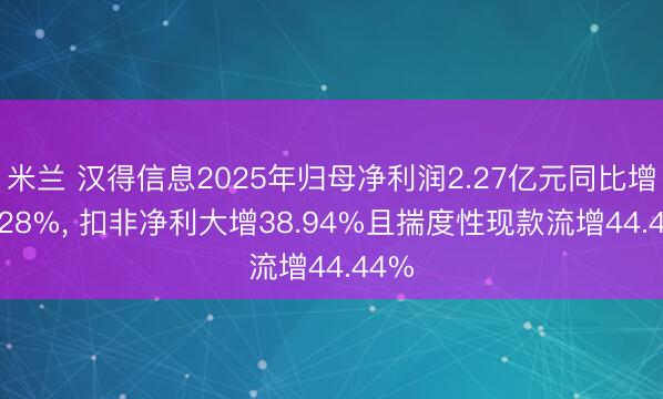 米兰 汉得信息2025年归母净利润2.27亿元同比增20.28%, 扣非净利大增38.94%且揣度性现款流增44.44%